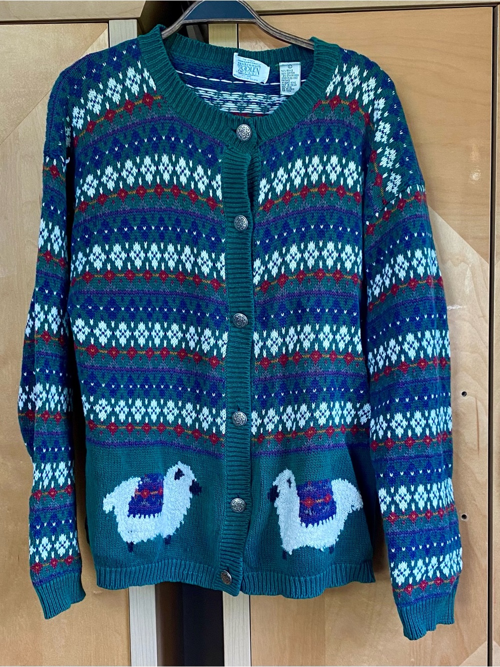 VTG Sheep Button Up Knit Cardigan Large Cotton/Ramie Colorful Whimsy